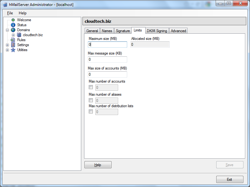 hMailServer Domain : Limits hMailServer Domain : Limits